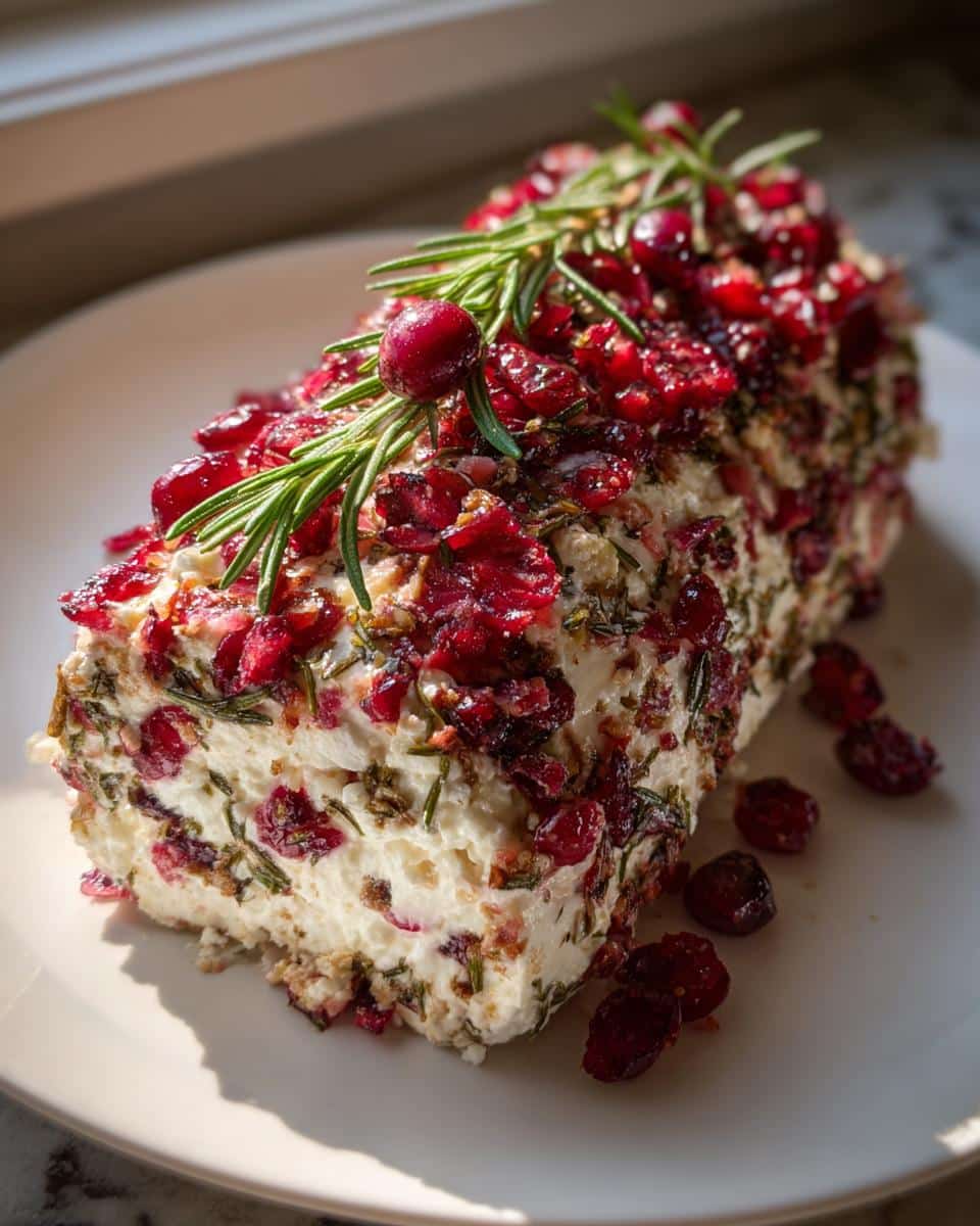 A rich, creamy Cranberry-Rosemary Goat Cheese Log coated in dried cranberries and fresh rosemary sprigs.