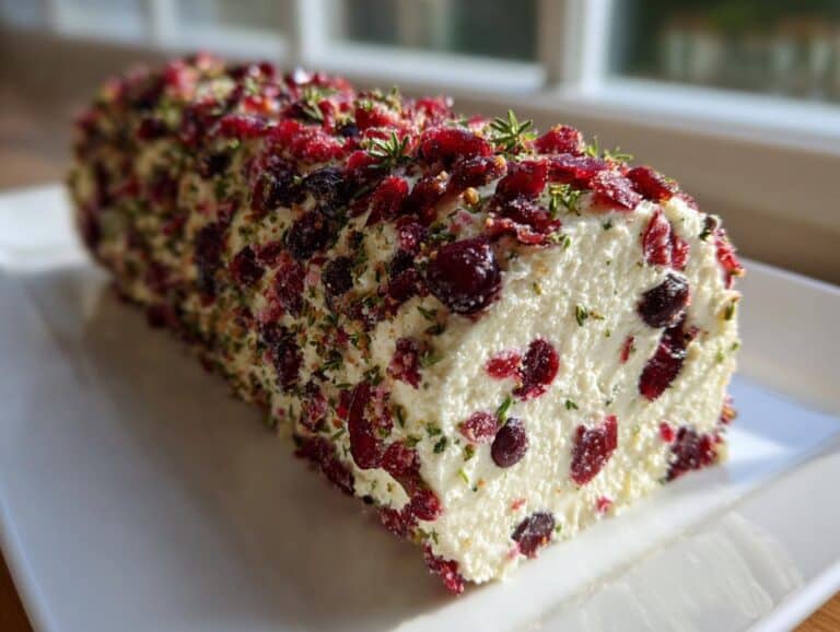 A log of creamy white cheese coated in dried cranberries and fresh rosemary, ready to serve.