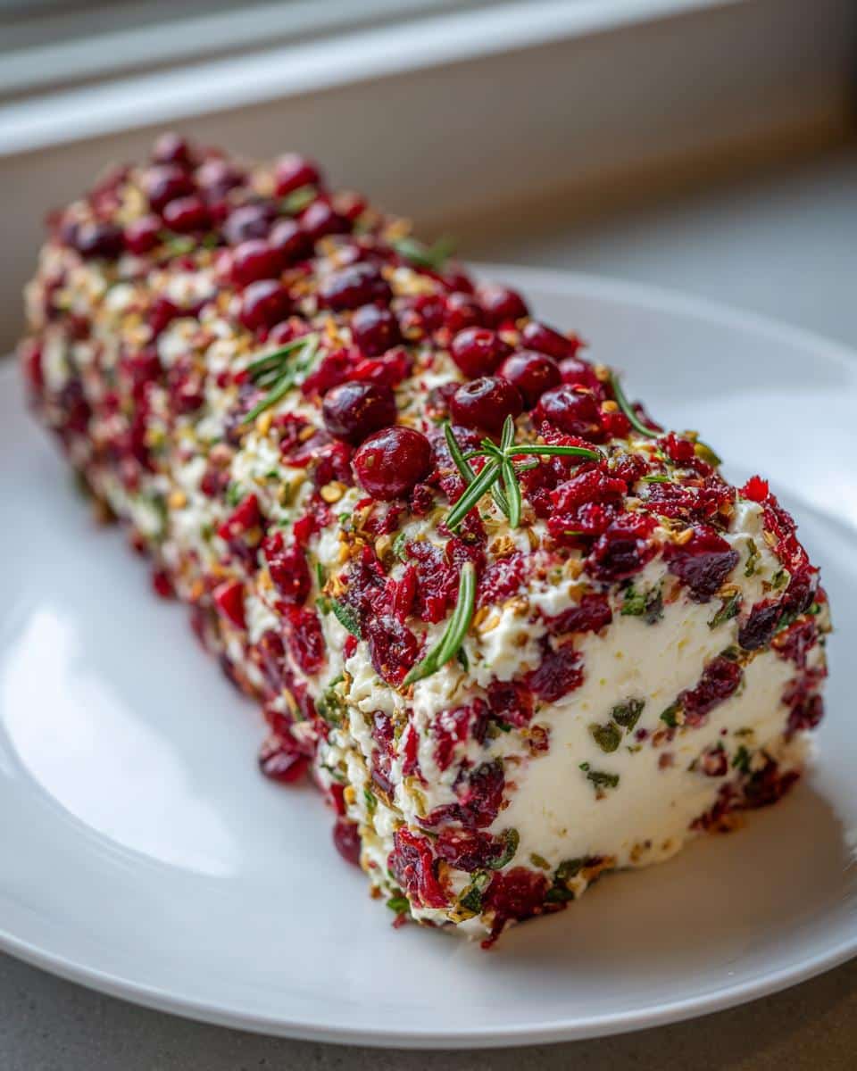 A finished Cranberry-Rosemary Goat Cheese Log rolled in dried cranberries and fresh rosemary sprigs on a white plate.