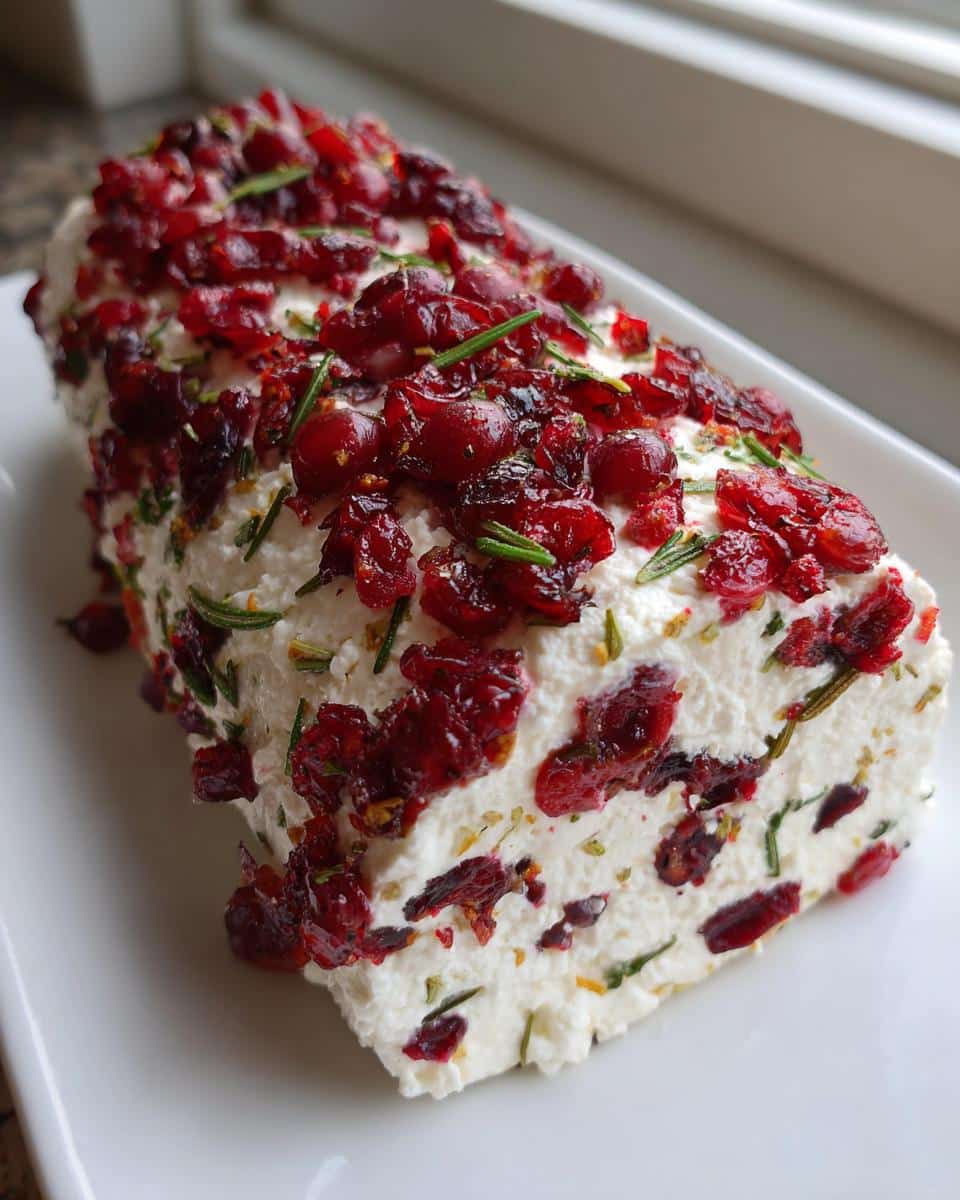 A finished Cranberry-Rosemary Goat Cheese Log appetizer coated in dried cranberries and fresh rosemary on a white platter.