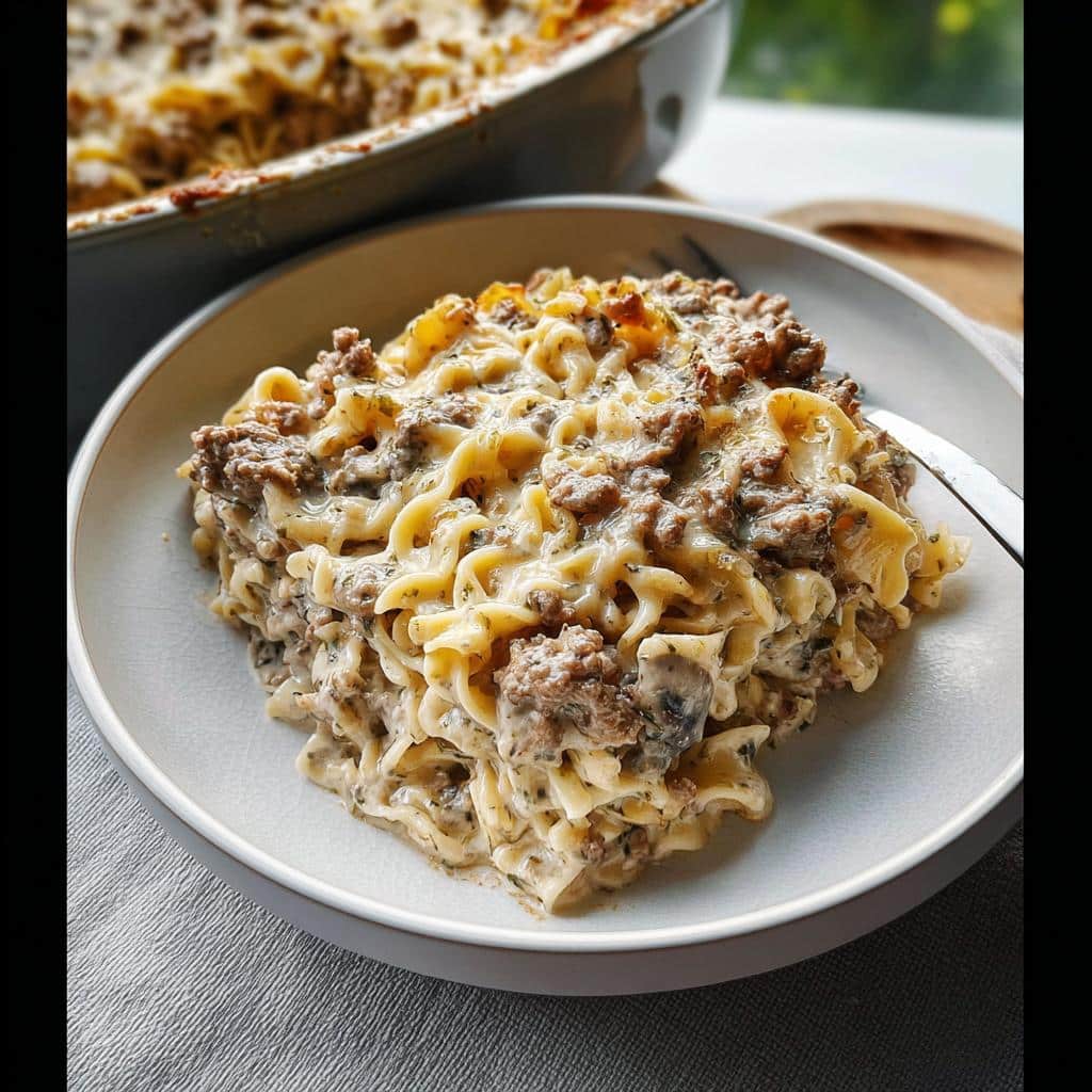 A hearty serving of Creamy Beef & Mushroom Casserole with egg noodles and browned ground beef.