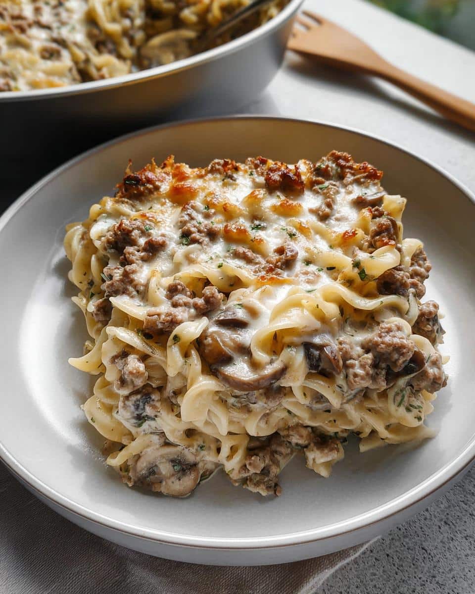 A generous serving of Creamy Beef & Mushroom Casserole featuring pasta, ground beef, mushrooms, and a bubbly, browned cheese topping.