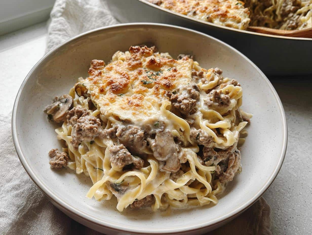 A serving of Creamy Beef & Mushroom Casserole with egg noodles, ground beef, mushrooms, and a melted, browned cheese topping.