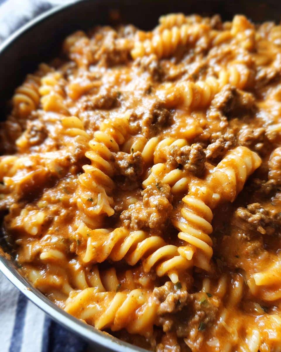 Close-up shot of spiral pasta coated in a rich, orange-hued sauce with ground beef, showcasing the Creamy Beef Pasta.