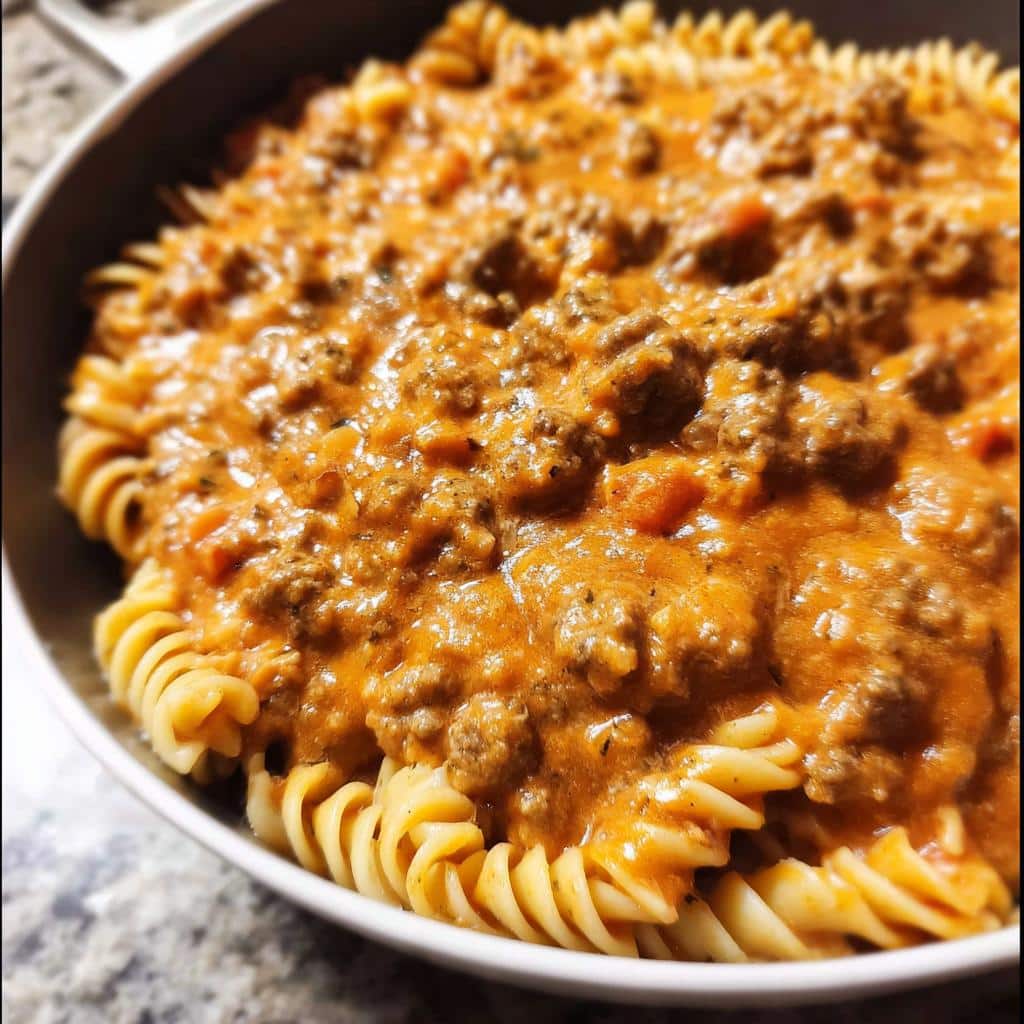 Close-up of fusilli pasta topped generously with rich, orange-hued Creamy Beef Pasta sauce.