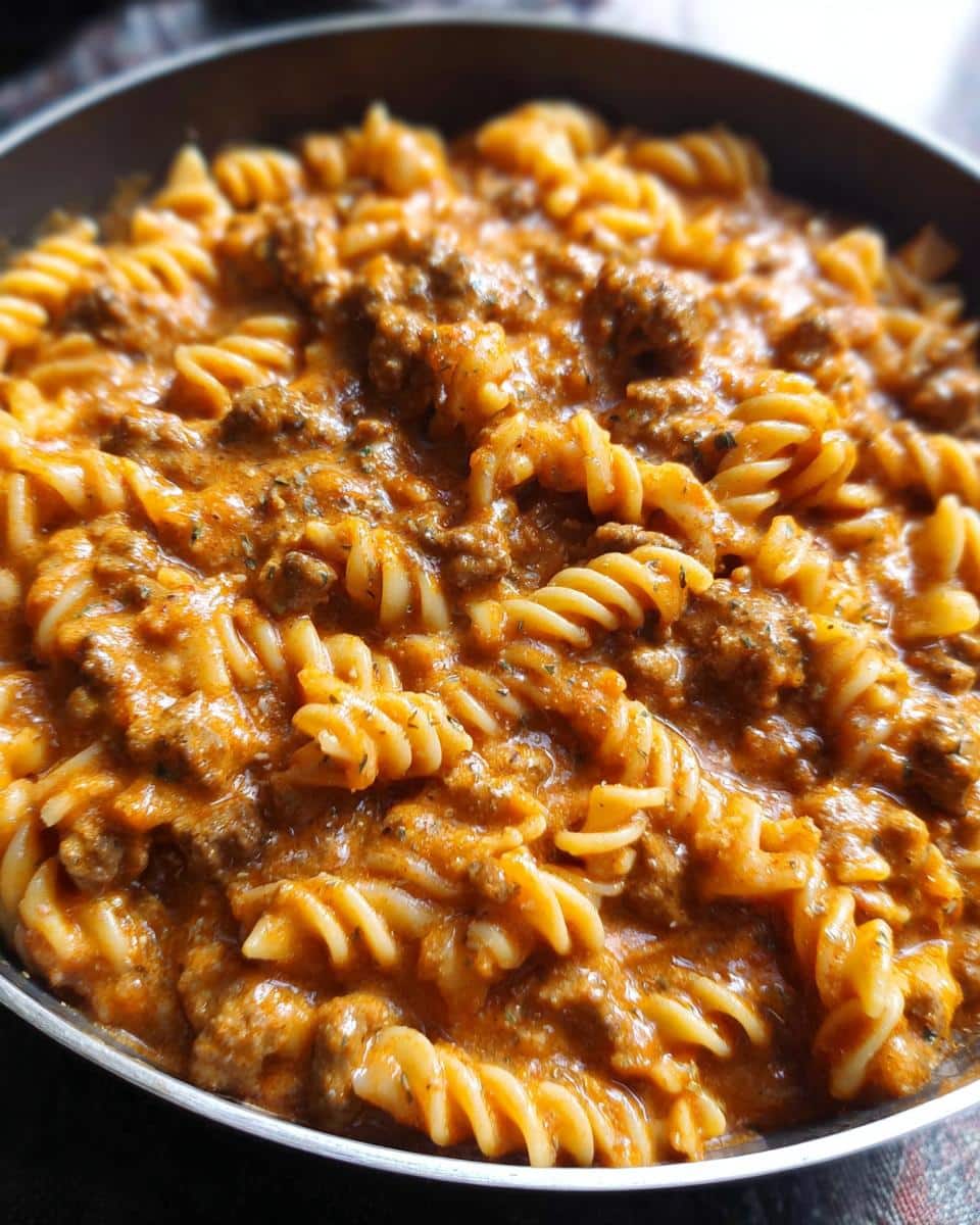 A close-up view of fusilli pasta coated in a rich, orange-hued sauce with ground beef, representing Creamy Beef Pasta.
