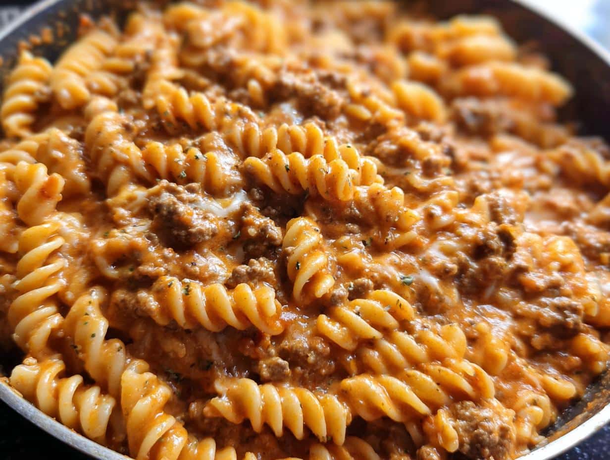 A close-up shot of rich, orange-hued Creamy Beef Pasta mixed with fusilli noodles and ground beef in a skillet.