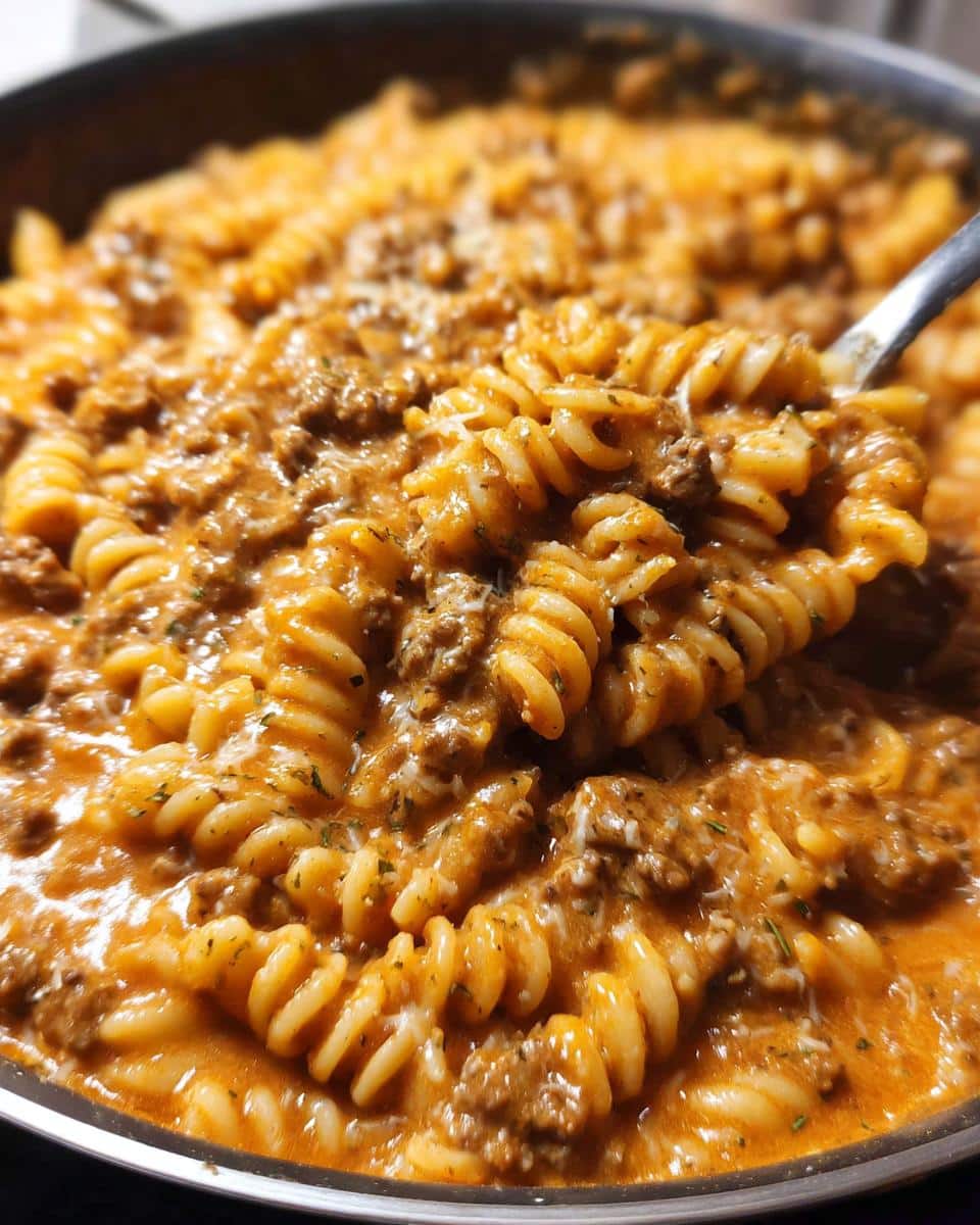 A close-up view of rich, orange-hued Creamy Beef Pasta featuring rotini noodles coated in a thick sauce with ground beef.