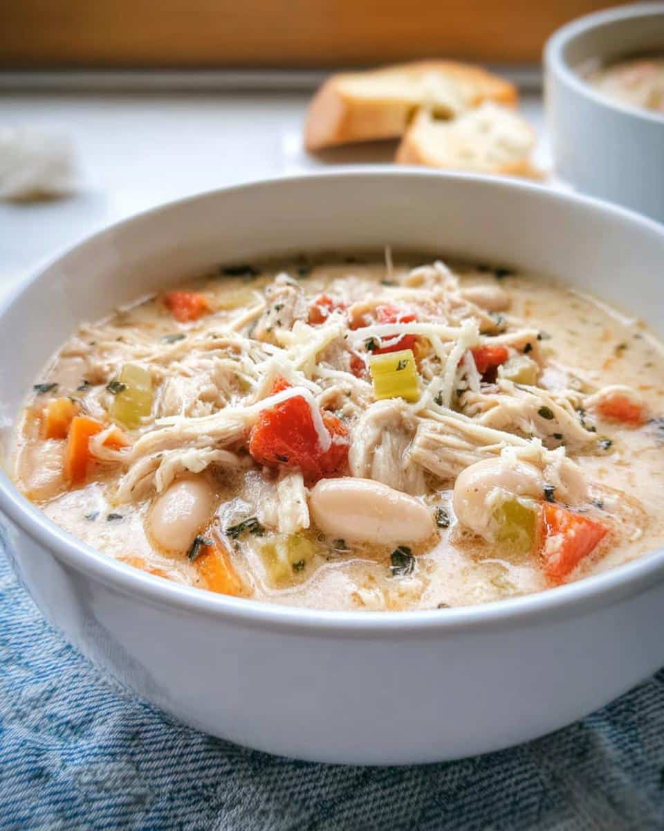 A close-up of a bowl of rich, Creamy Chicken Soup Crockpot filled with shredded chicken, white beans, carrots, and topped with cheese.