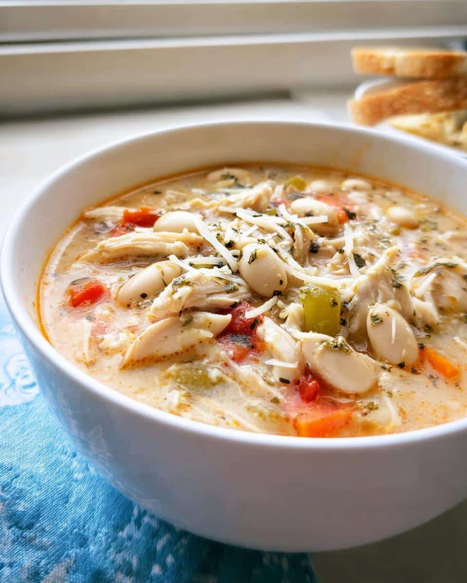 A close-up of a white bowl filled with Creamy Chicken Soup Crockpot, featuring shredded chicken, white beans, and shredded cheese.