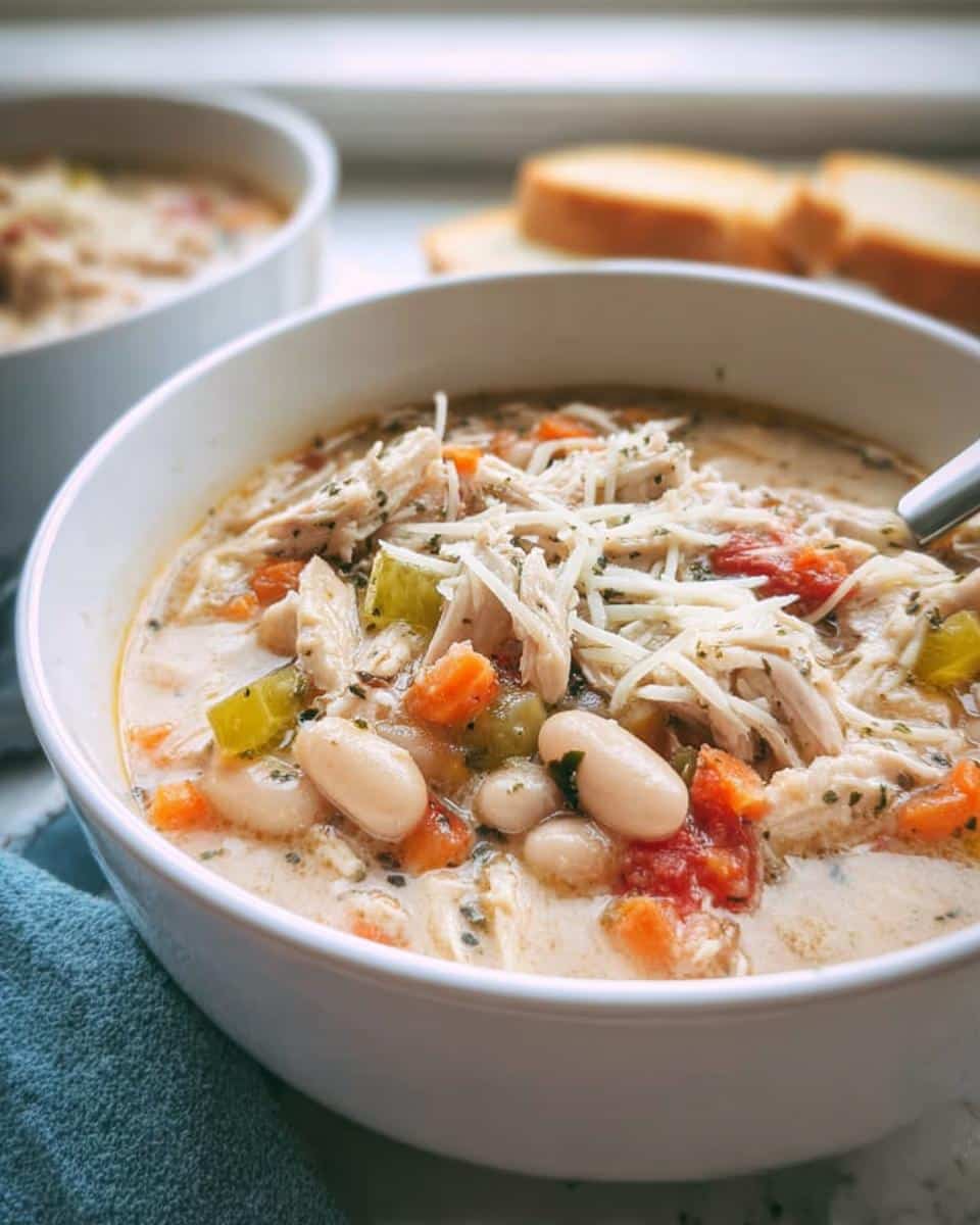 Close-up of a bowl of Creamy Chicken Soup Crockpot, topped with shredded chicken, white beans, and cheese.