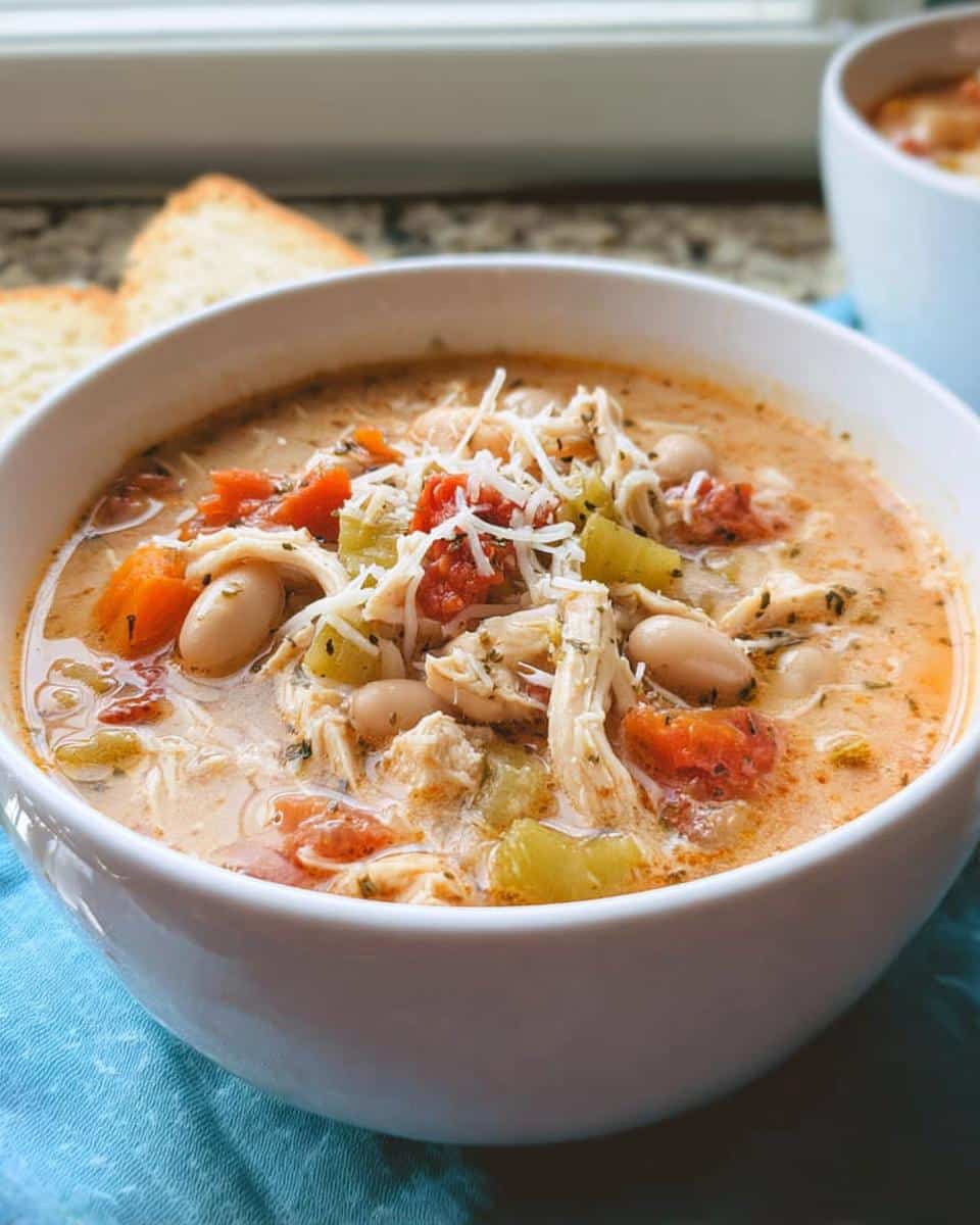 Close-up of a bowl of Creamy Chicken Soup Crockpot topped with shredded cheese, beans, and vegetables.