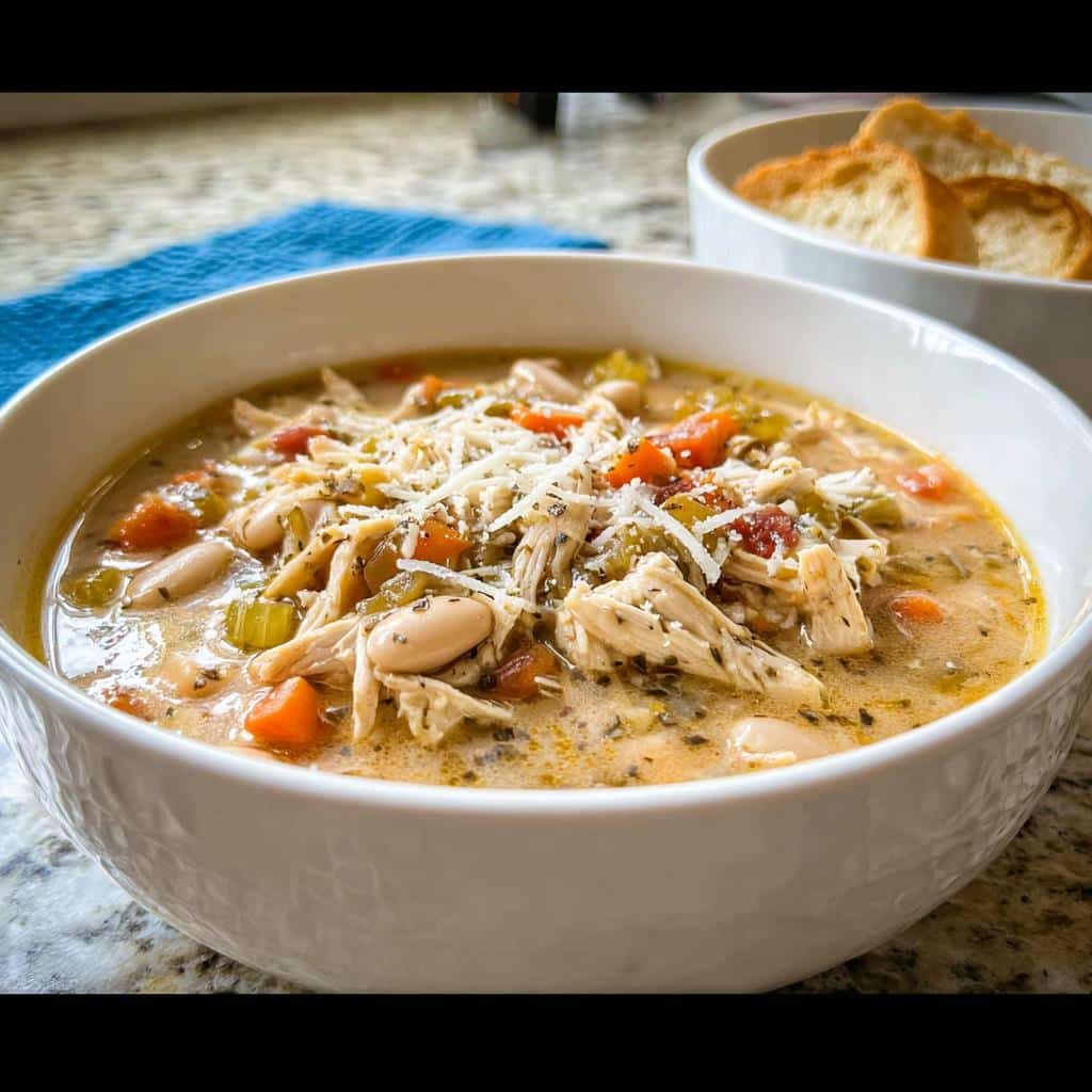 A white bowl filled with hearty Creamy Chicken Soup Crockpot, featuring shredded chicken, white beans, carrots, and topped with shredded cheese.