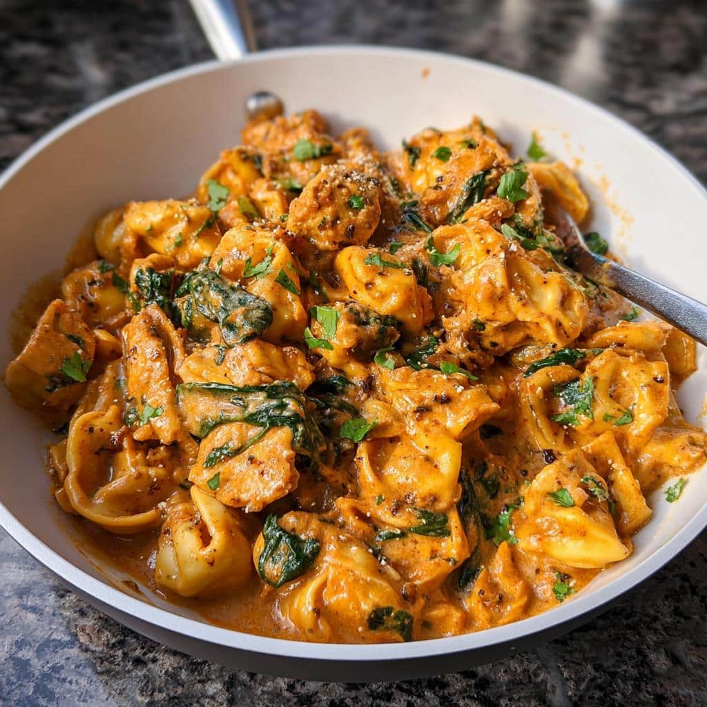 A close-up shot of rich, orange-hued Creamy Chicken Tortellini mixed with spinach, served in a white skillet.