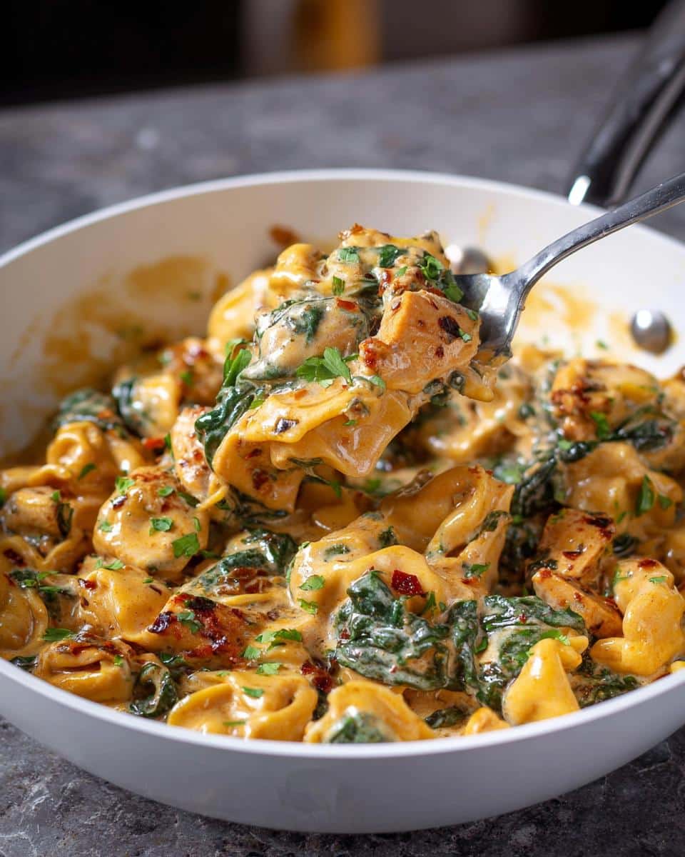 A spoonful of rich, creamy chicken tortellini with spinach being lifted from a white skillet.