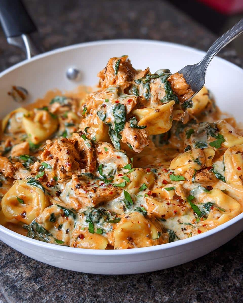 A fork lifting a generous bite of Creamy Chicken Tortellini (Marry Me Style) from a white skillet.