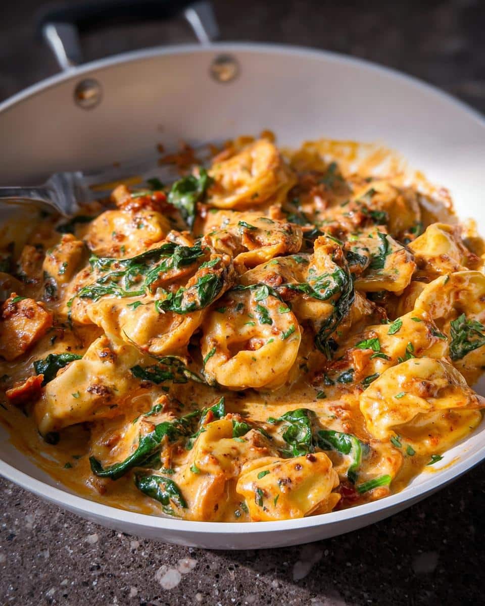 Close-up of rich, creamy chicken tortellini with spinach and sun-dried tomatoes in a white skillet.
