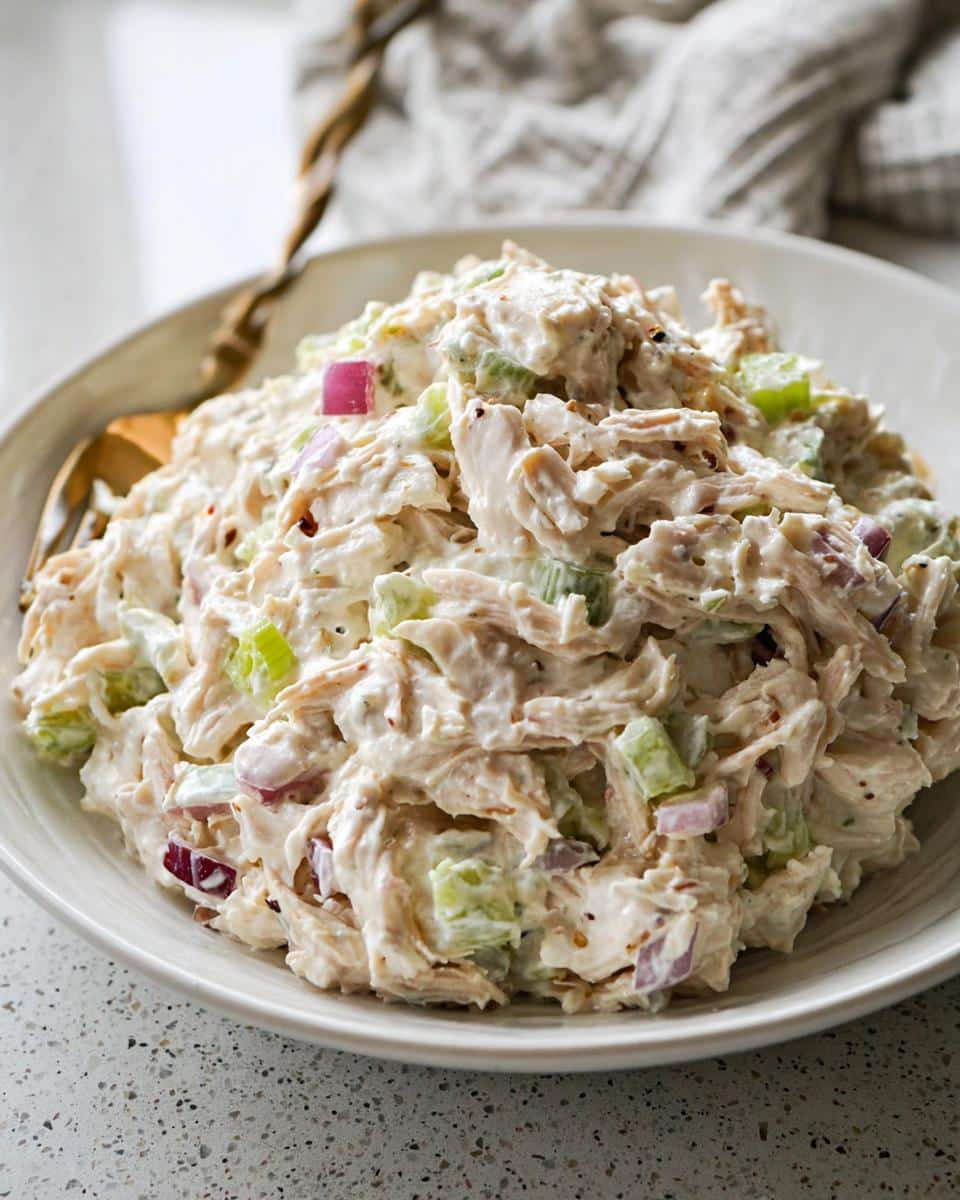 A close-up of creamy Cottage Cheese Chicken Salad mixed with celery and red onion in a light bowl.
