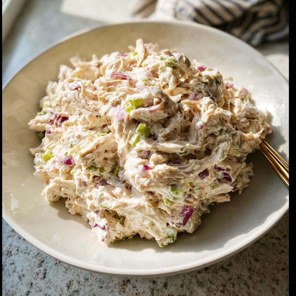 A close-up of creamy Cottage Cheese Chicken Salad mixed with red onion and celery in a light bowl.