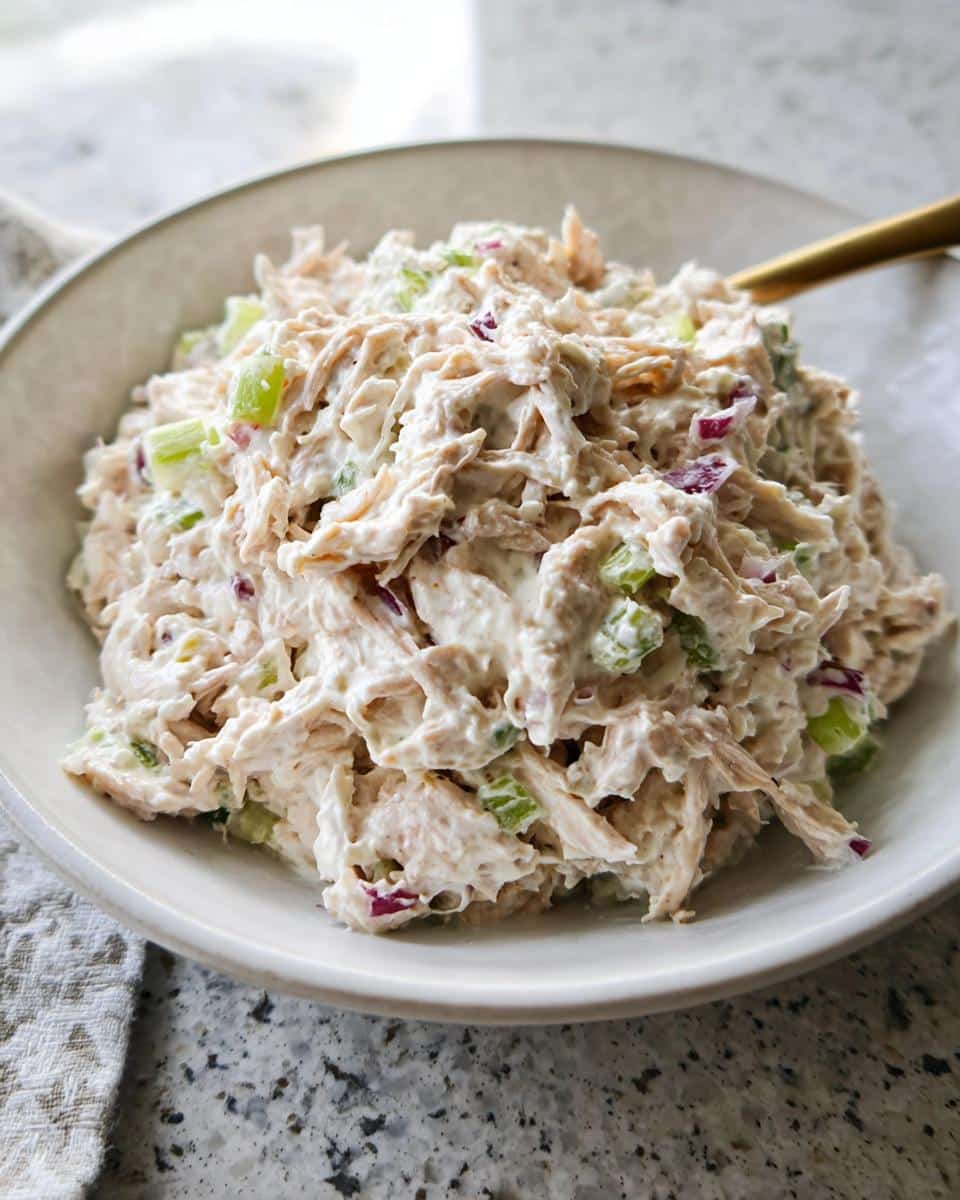 Close-up of creamy Cottage Cheese Chicken Salad mixed with celery and red onion in a light bowl.