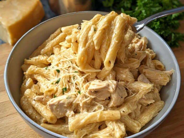 A fork lifts penne pasta coated in rich sauce from a bowl of Creamy Crockpot Garlic Parmesan Chicken Pasta, topped with shredded cheese.