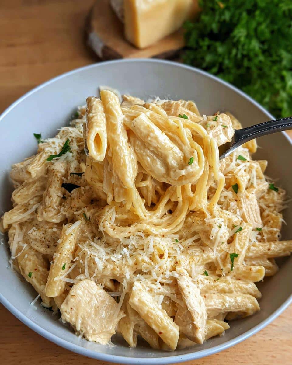A fork lifting penne pasta coated in creamy sauce from a bowl of Creamy Crockpot Garlic Parmesan Chicken Pasta.