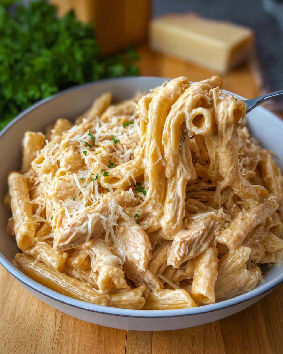 A fork lifting a bite of rich, creamy Creamy Crockpot Garlic Parmesan Chicken Pasta topped with shredded cheese.