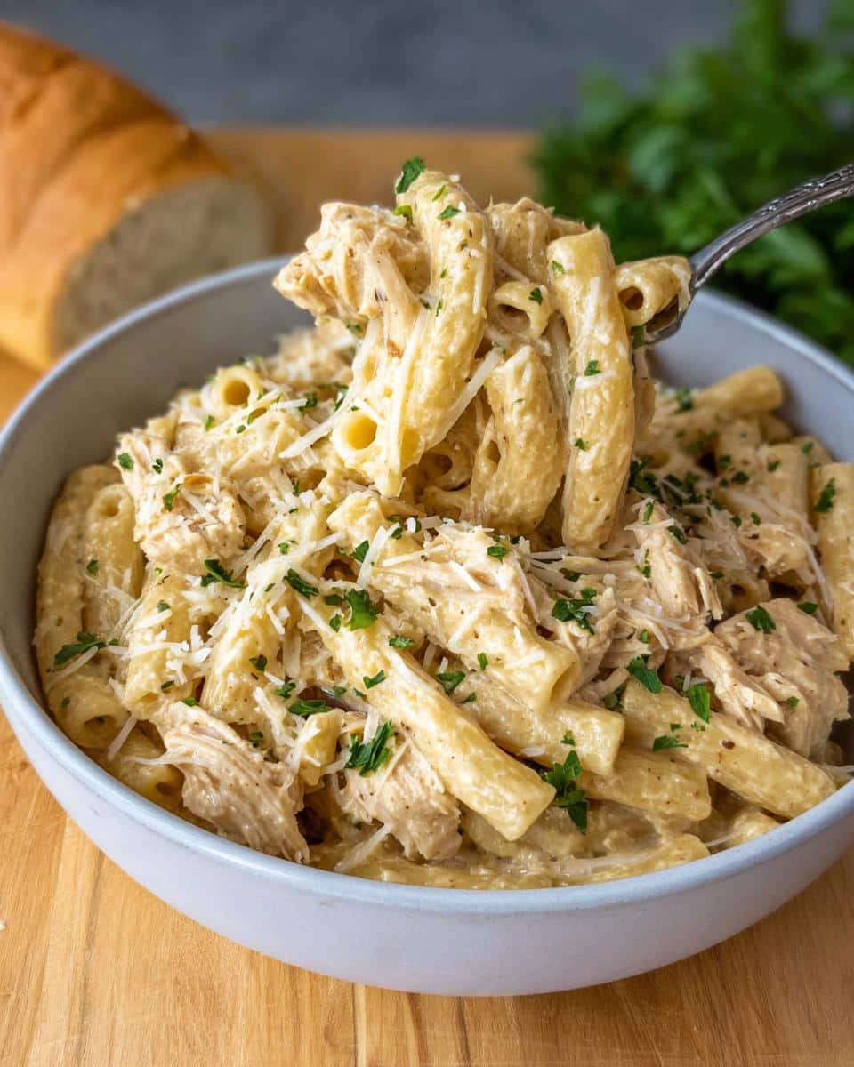 A fork lifts a generous serving of Creamy Crockpot Garlic Parmesan Chicken Pasta from a light blue bowl.