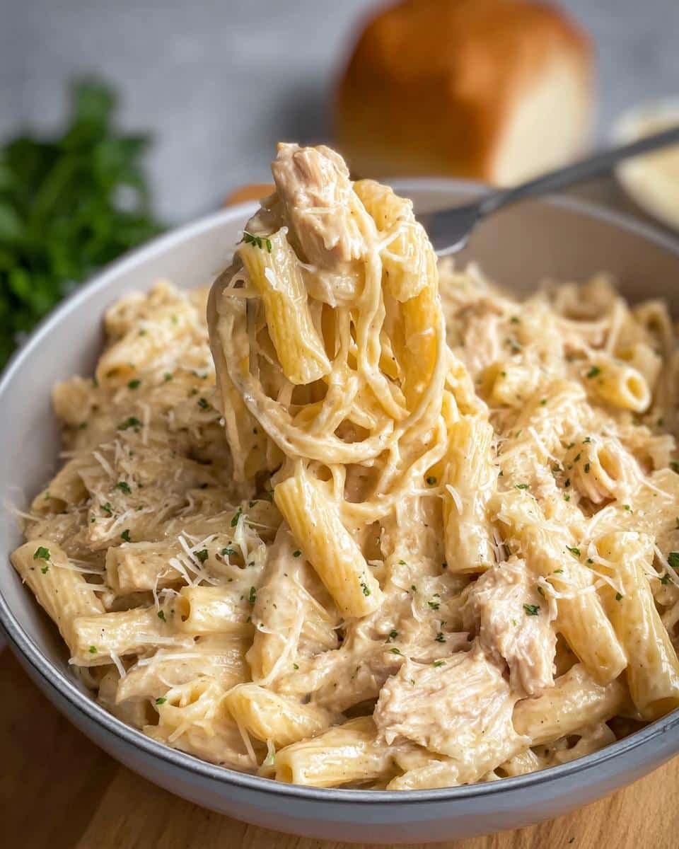A fork pulls up a generous serving of Creamy Crockpot Garlic Parmesan Chicken Pasta from a bowl.