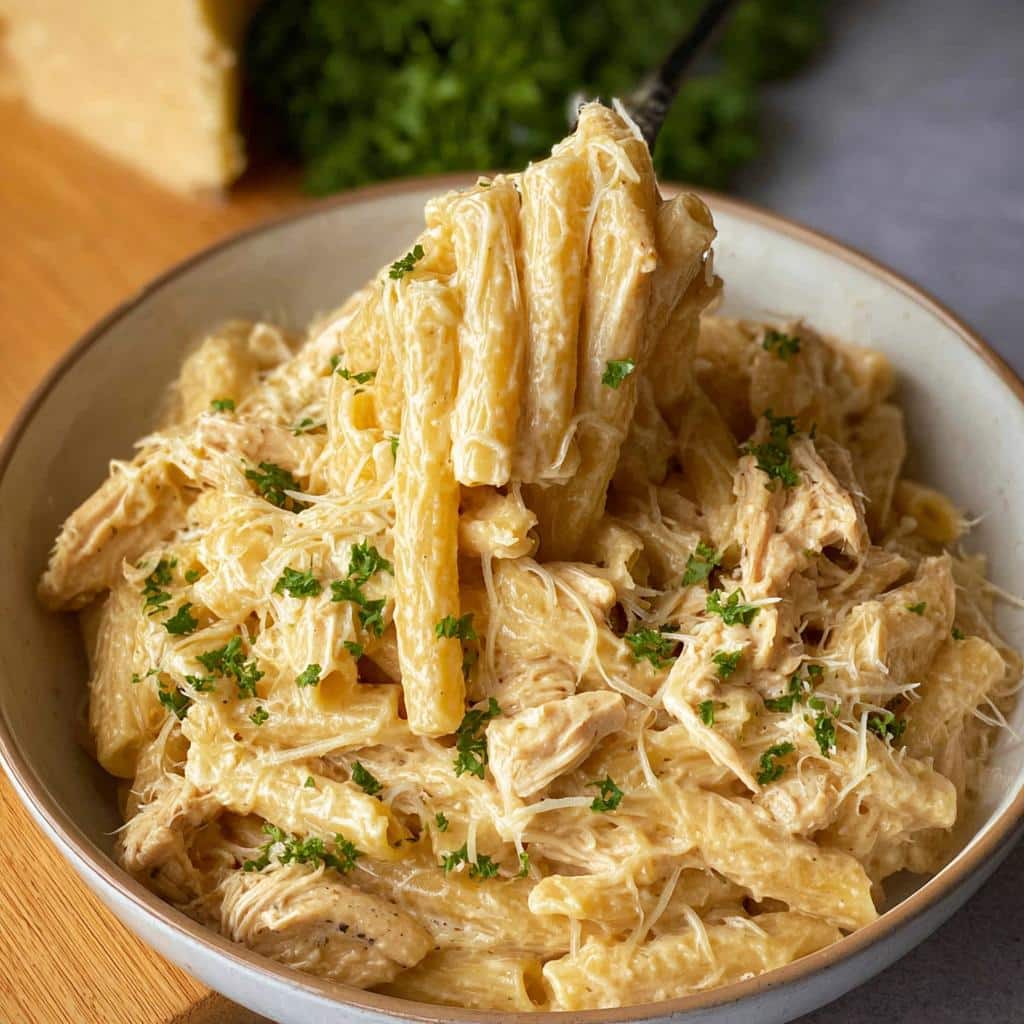 A fork lifting a generous serving of Creamy Crockpot Garlic Parmesan Chicken Pasta from a bowl, topped with cheese and parsley.