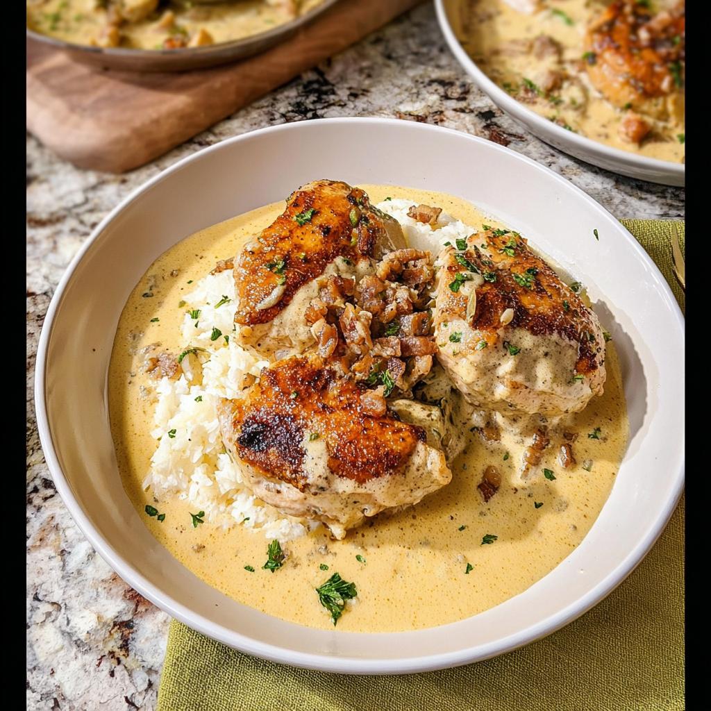 A white bowl filled with Creamy Gluten-Free Chicken Skillet served over white rice and smothered in rich sauce.