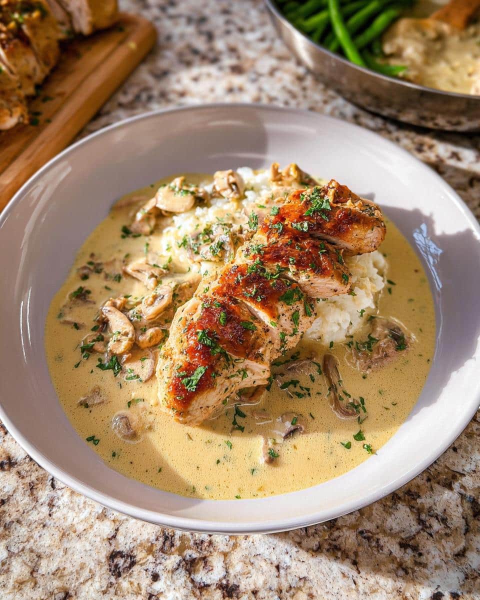 A plated serving of Creamy Gluten-Free Chicken Skillet with sliced chicken breast over rice and mushroom sauce.