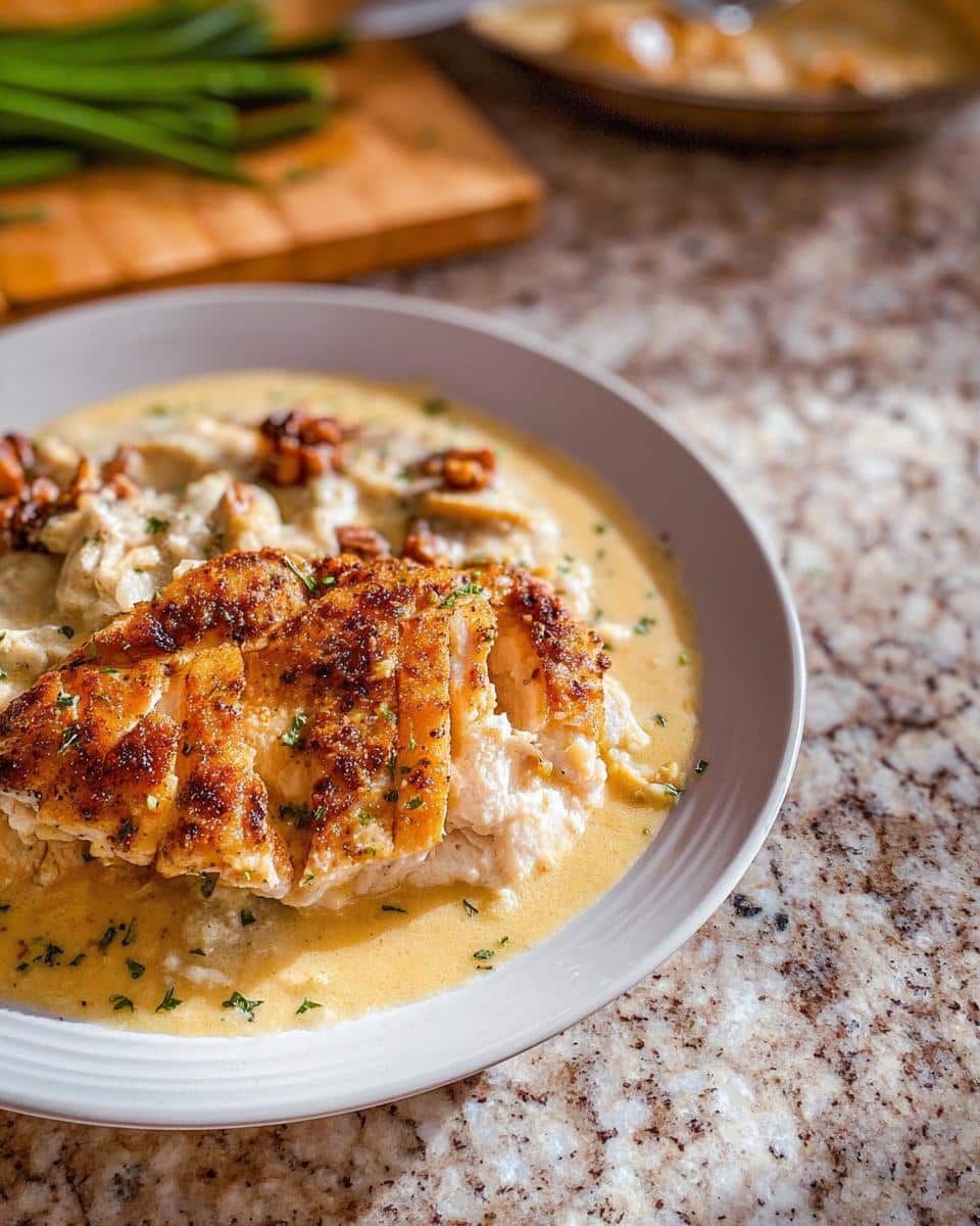 A sliced, pan-seared chicken breast served over a creamy base in a bowl, part of the Creamy Gluten-Free Chicken Skillet.