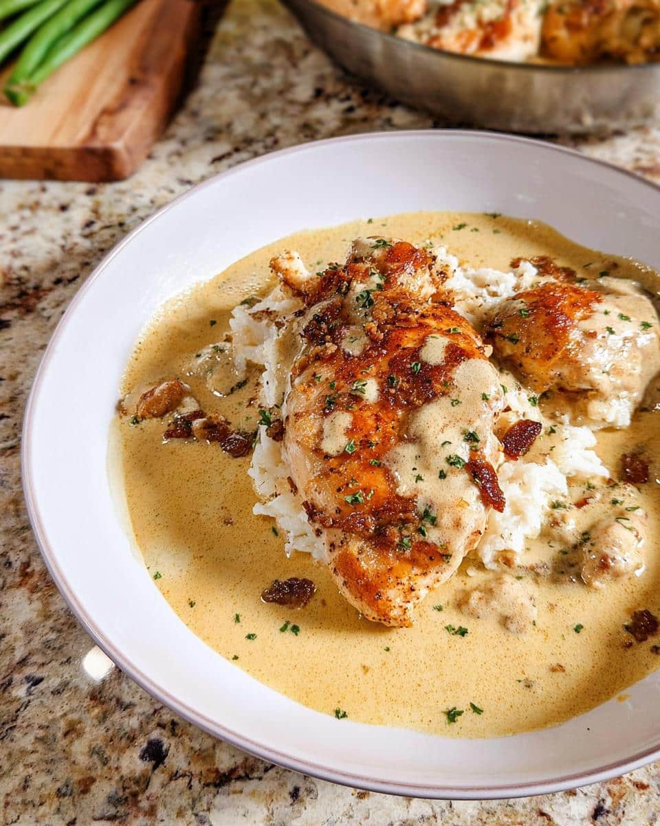 A serving of Creamy Gluten-Free Chicken Skillet with seared chicken breasts over white rice, smothered in a rich sauce.