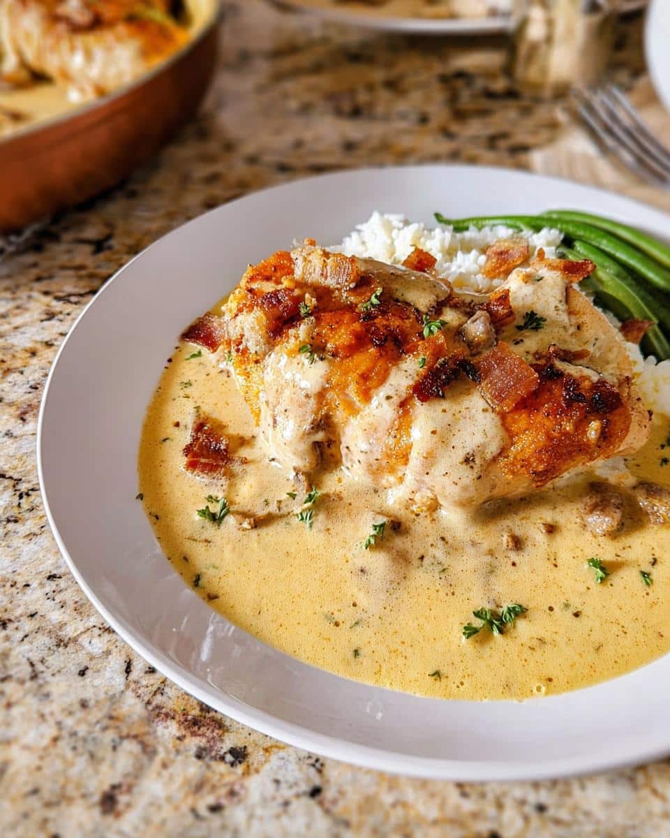 A plated serving of Creamy Gluten-Free Chicken Skillet topped with bacon, served over rice with green beans.