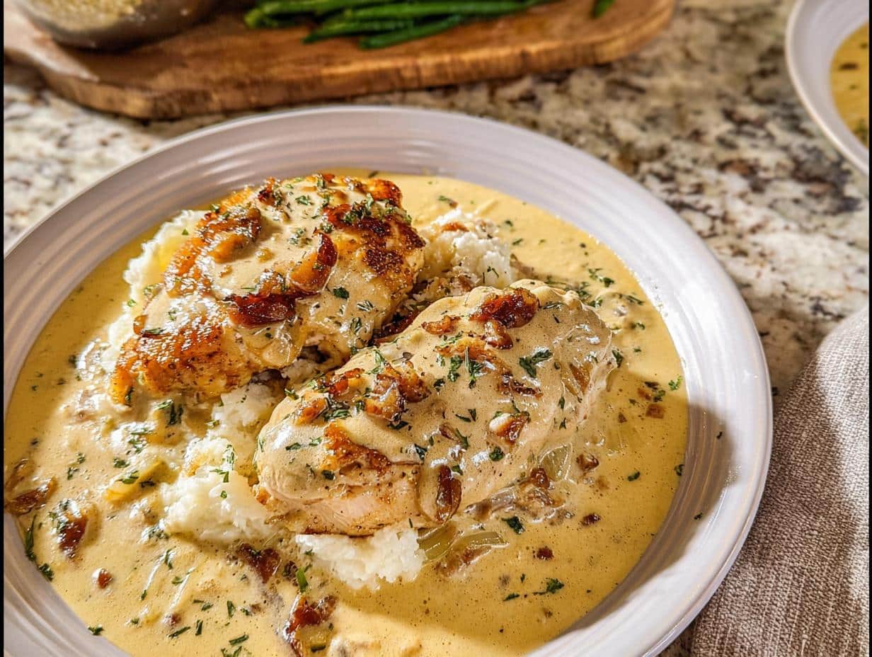 Two chicken breasts served over mashed potatoes, smothered in a rich, creamy sauce in this Creamy Gluten-Free Chicken Skillet.