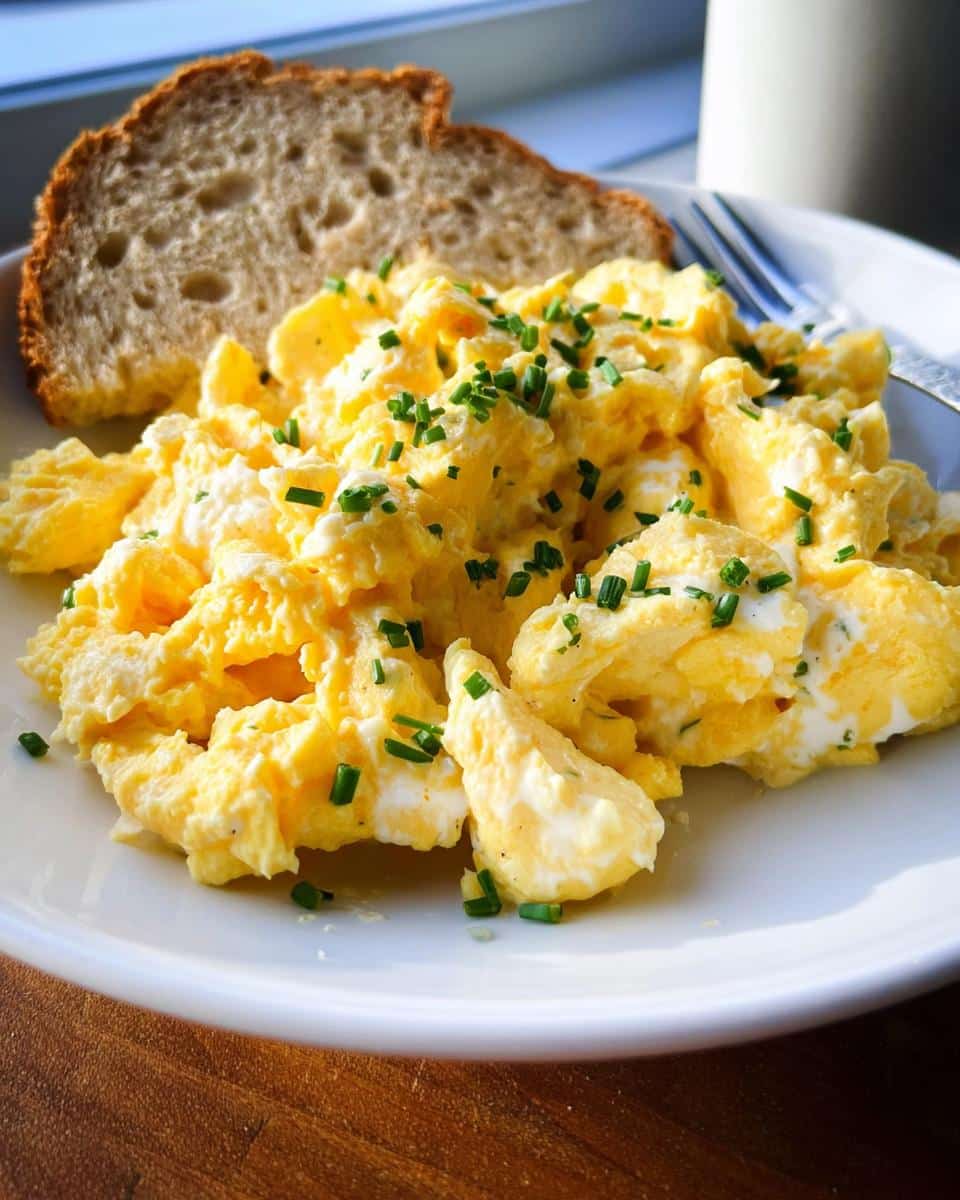 Fluffy Keto Scrambled Eggs with Cream Cheese mixed in, topped generously with fresh chives, served with toast.