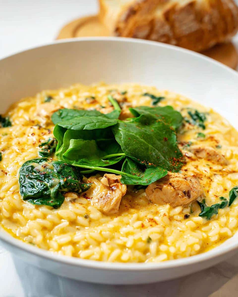 Close-up of a bowl of creamy Lemon Chicken Thermomix Risotto topped with fresh spinach leaves.