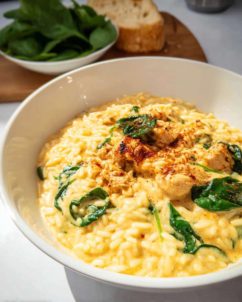 Close-up of a bowl of Creamy Lemon Chicken Thermomix Risotto with spinach and seasoned chicken pieces.