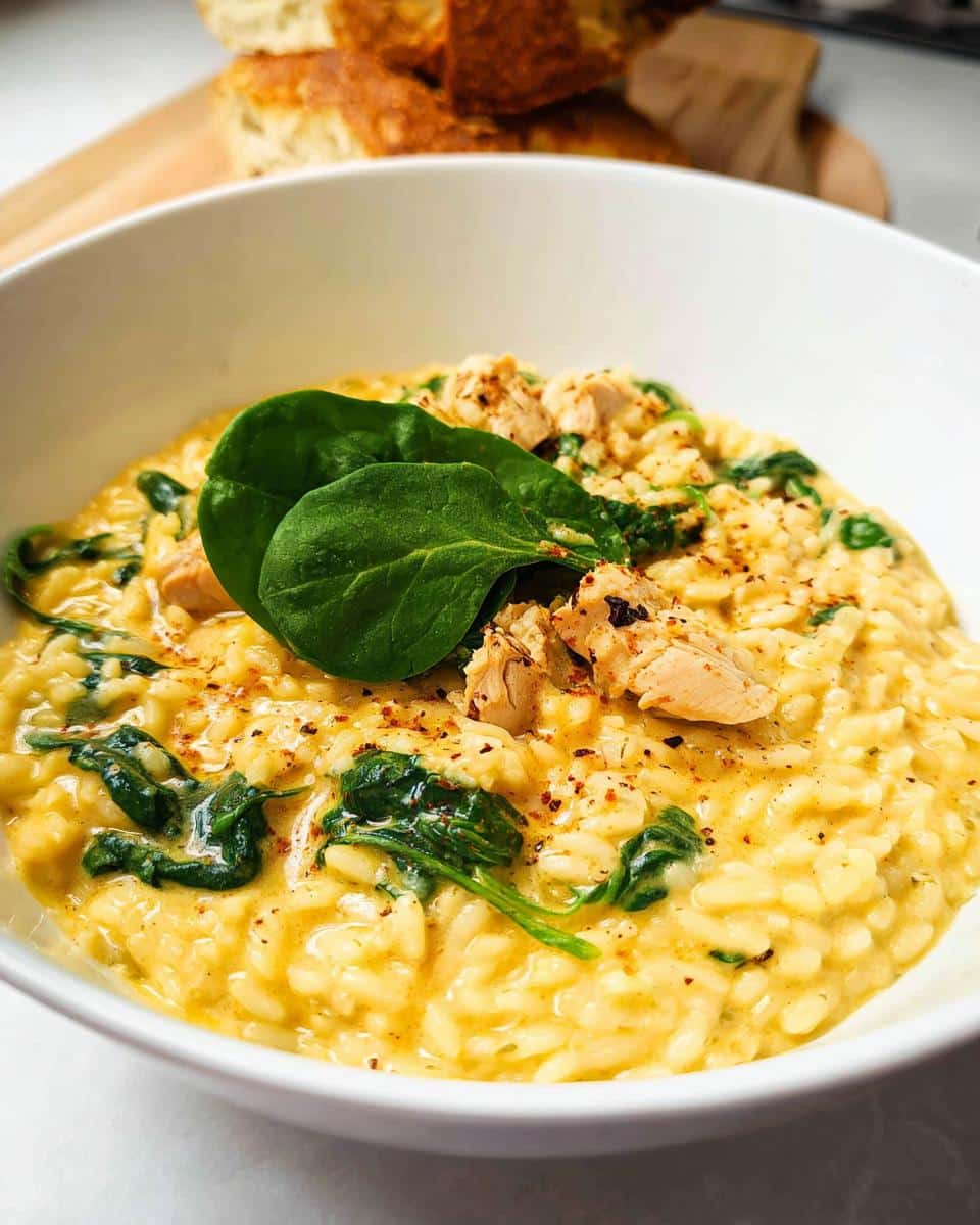 A close-up of creamy Lemon Chicken Thermomix Risotto topped with spinach and chicken pieces.