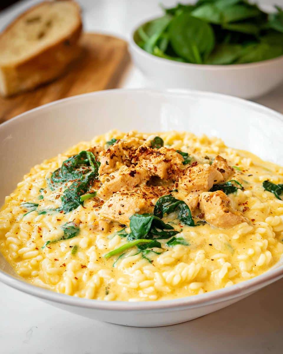 Close-up of creamy Lemon Chicken Thermomix Risotto topped with chicken pieces and spinach.