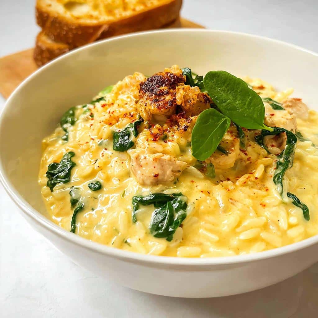 A close-up of a bowl filled with rich, creamy Lemon Chicken Thermomix Risotto mixed with spinach and topped with chicken pieces.