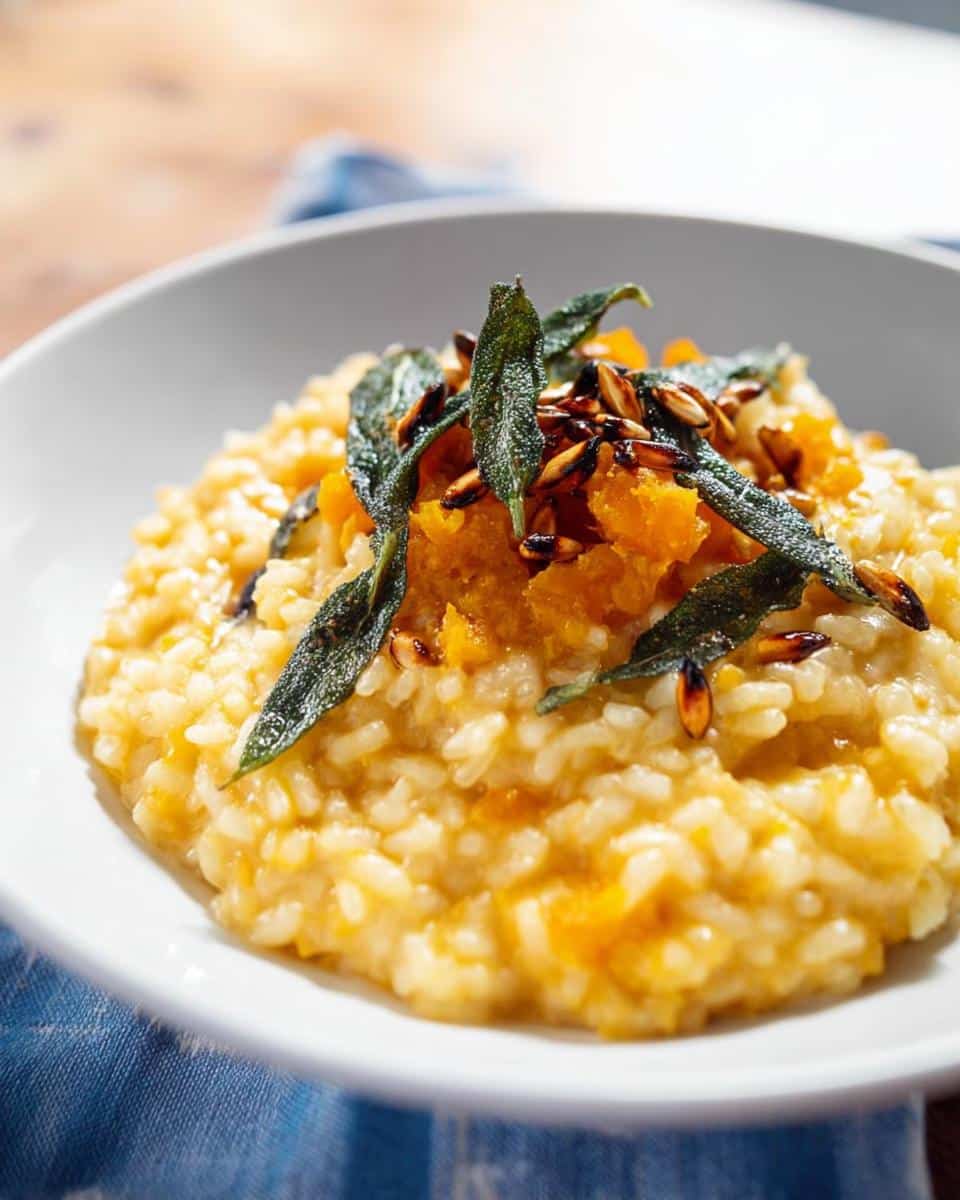 A close-up of a bowl of rich, creamy Thermomix Pumpkin Risotto topped with roasted pumpkin pieces, crispy sage leaves, and toasted seeds.