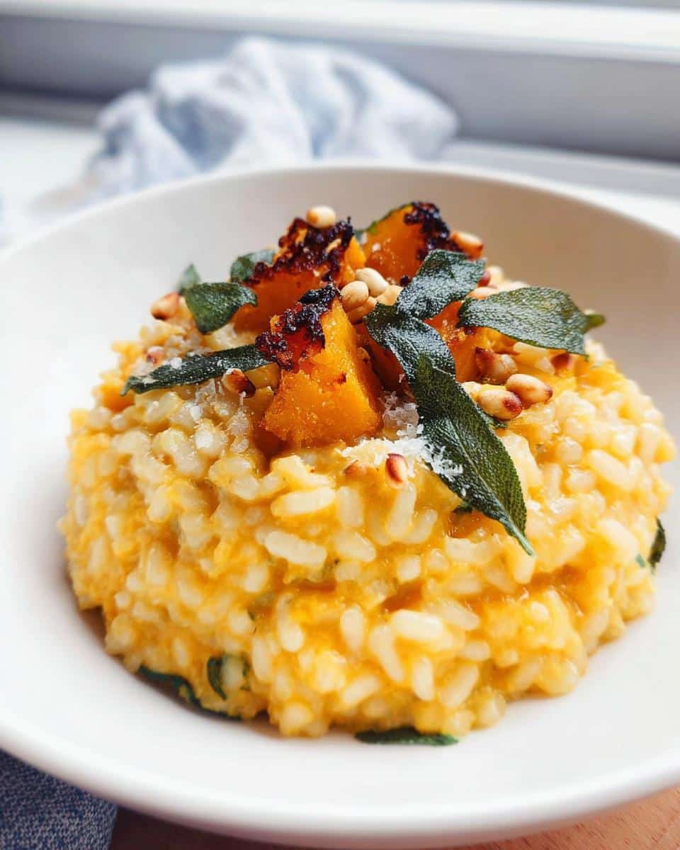 A close-up of creamy Thermomix Pumpkin Risotto topped with roasted pumpkin chunks, sage leaves, and pine nuts.