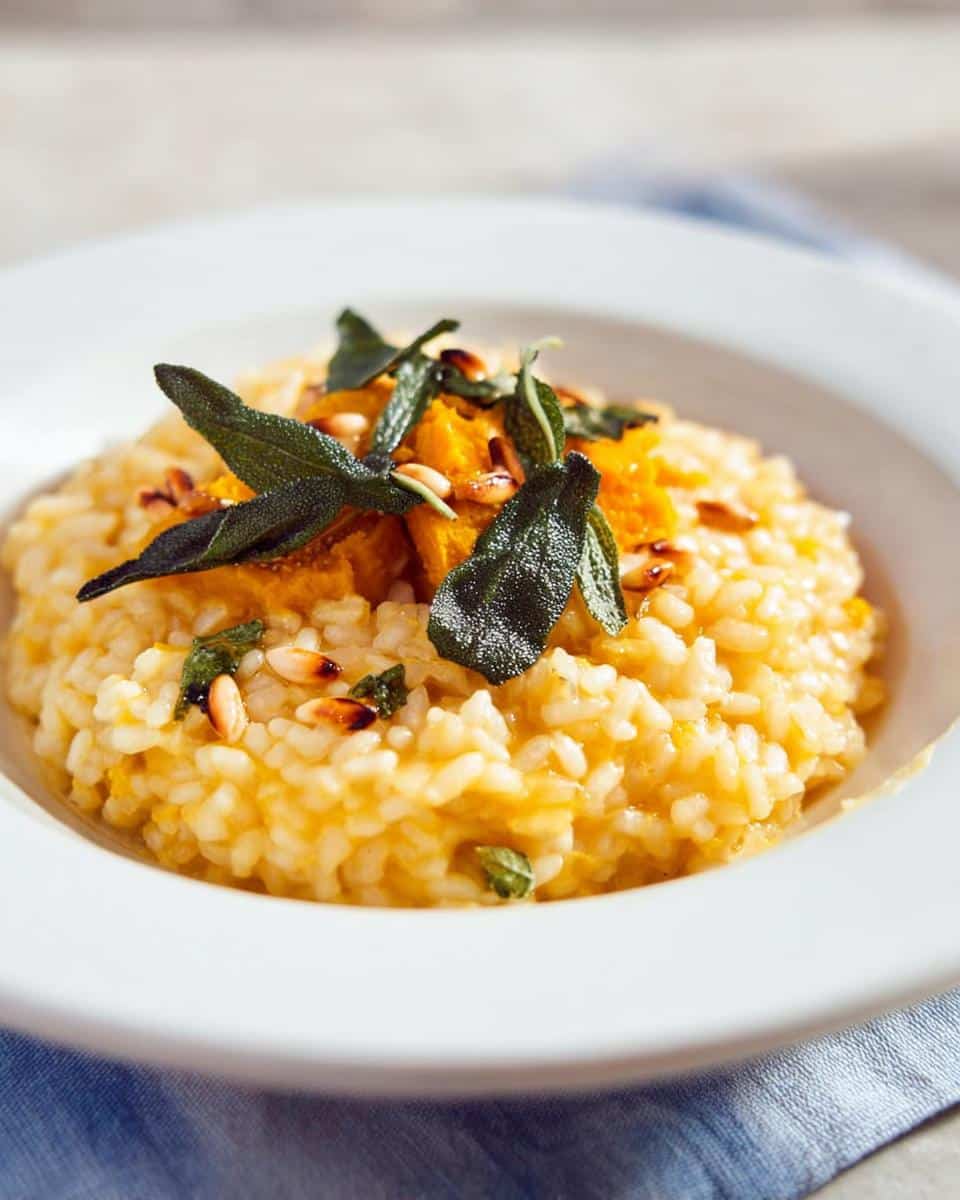 A close-up of creamy Thermomix Pumpkin Risotto topped with roasted pumpkin, sage leaves, and pine nuts.