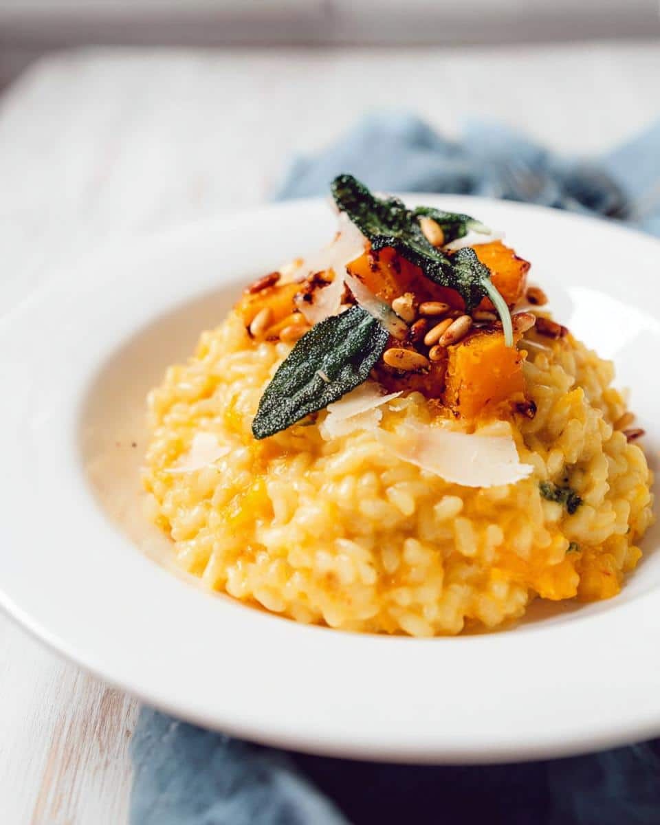 A close-up of a bowl of creamy Thermomix Pumpkin Risotto topped with roasted pumpkin, sage leaves, pine nuts, and Parmesan shavings.