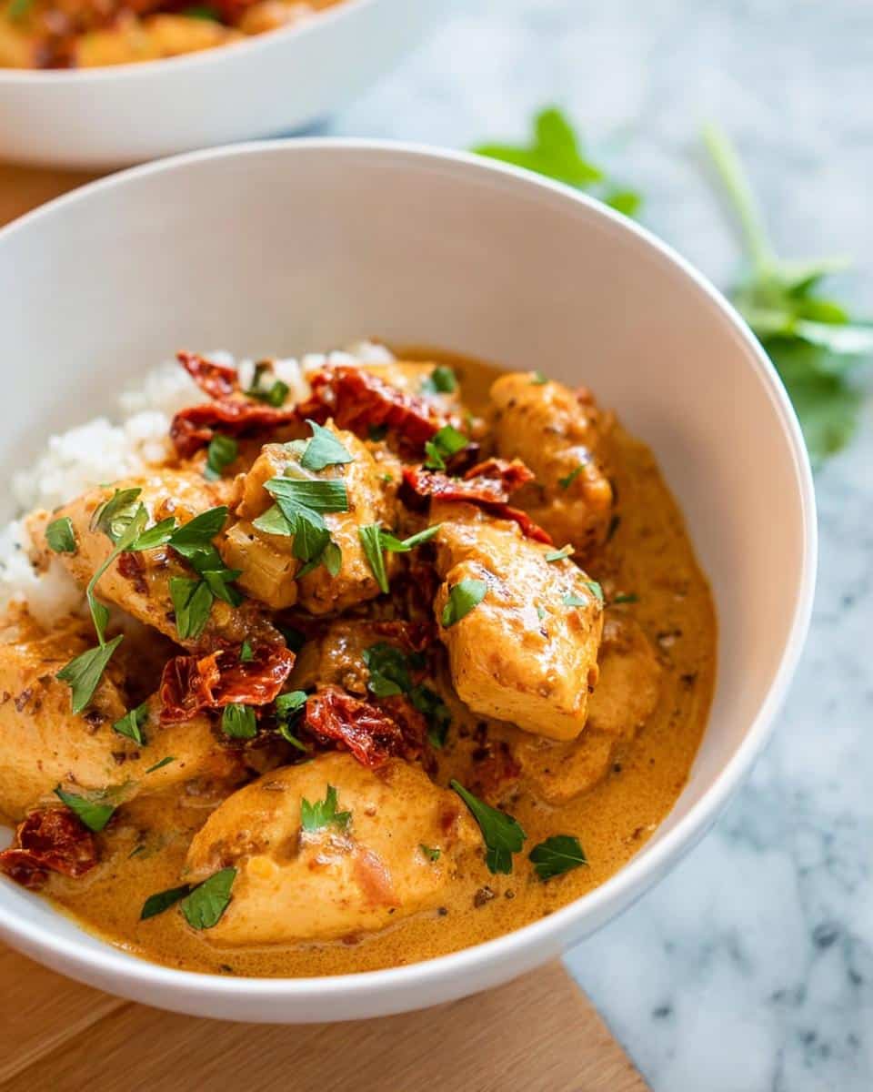 Close-up of Creamy Tuscan Chicken pieces served over white rice in a white bowl, topped with sun-dried tomatoes and parsley.