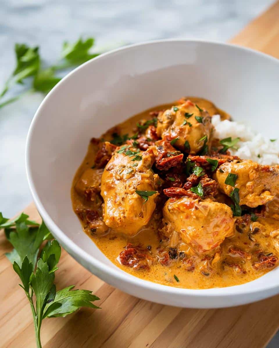 Close-up of Creamy Tuscan Chicken served in a white bowl over white rice, topped with sun-dried tomatoes and parsley.