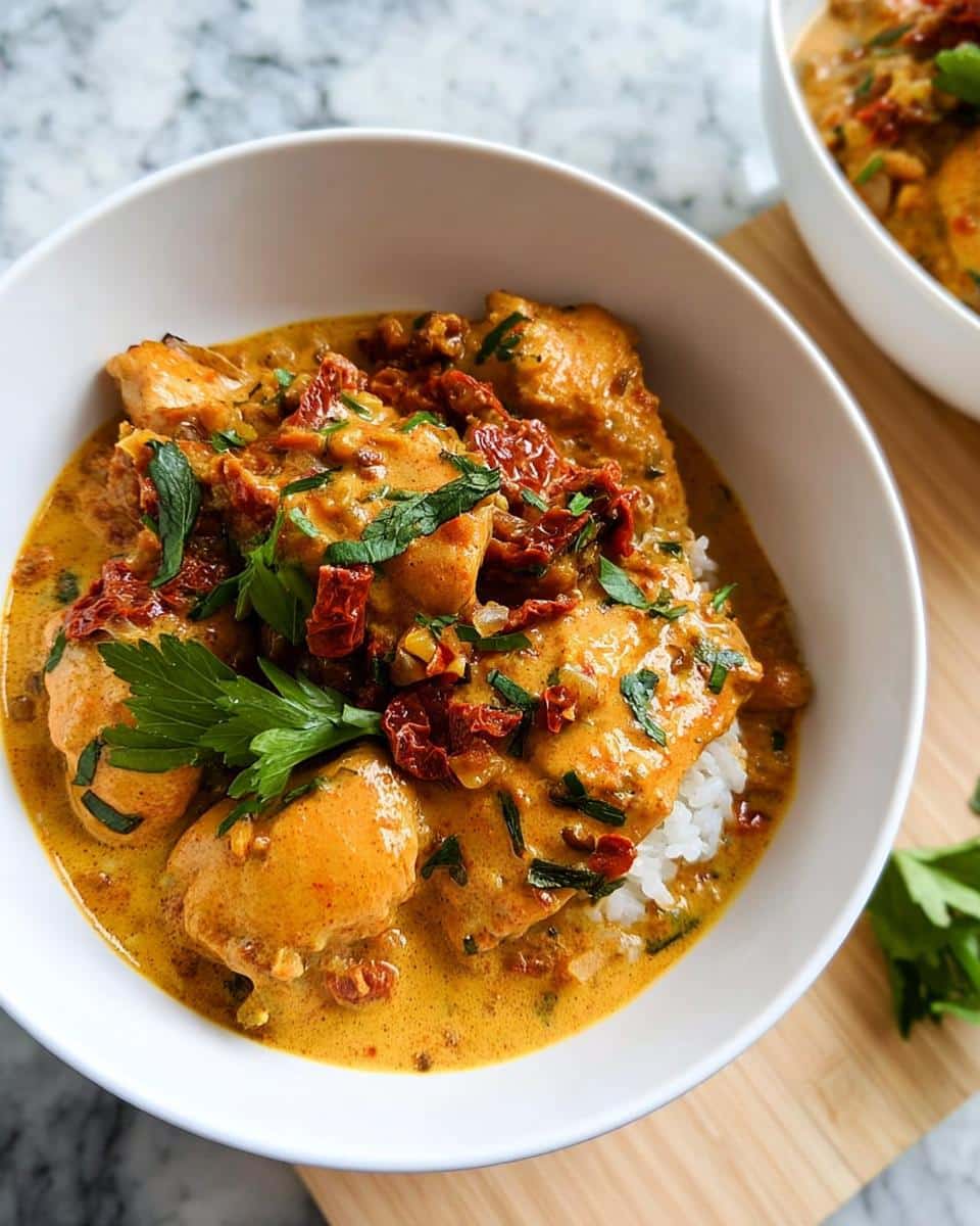 Close-up of Creamy Tuscan Chicken pieces served over white rice in a white bowl, topped with sun-dried tomatoes and parsley.