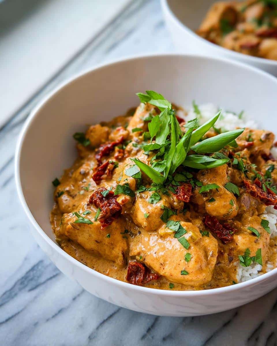 Close-up of Creamy Tuscan Chicken served over white rice in a white bowl, topped with sun-dried tomatoes and fresh herbs.
